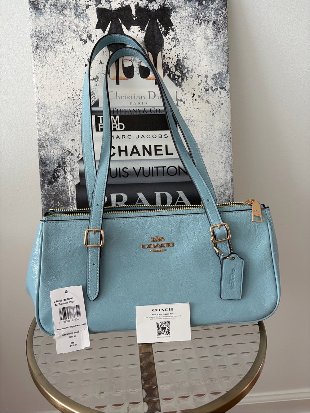 Coach Light Blue Pebbled Leather Shoulder Bag with Gold Hardware